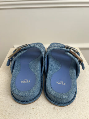 Fendi Blue Denim FF Logo Slides, 37
