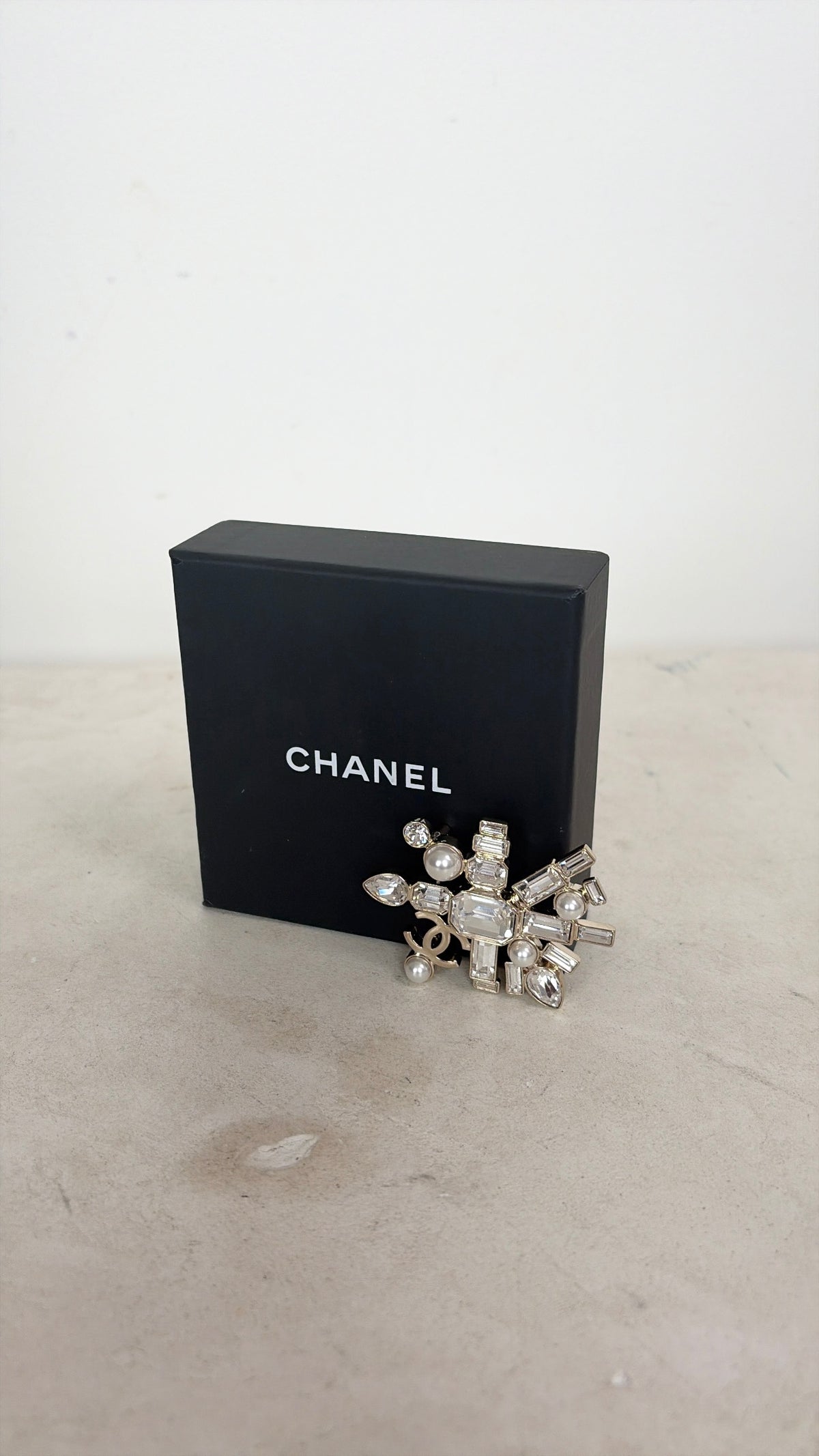 Chanel Champagne Crystal Logo Brooch