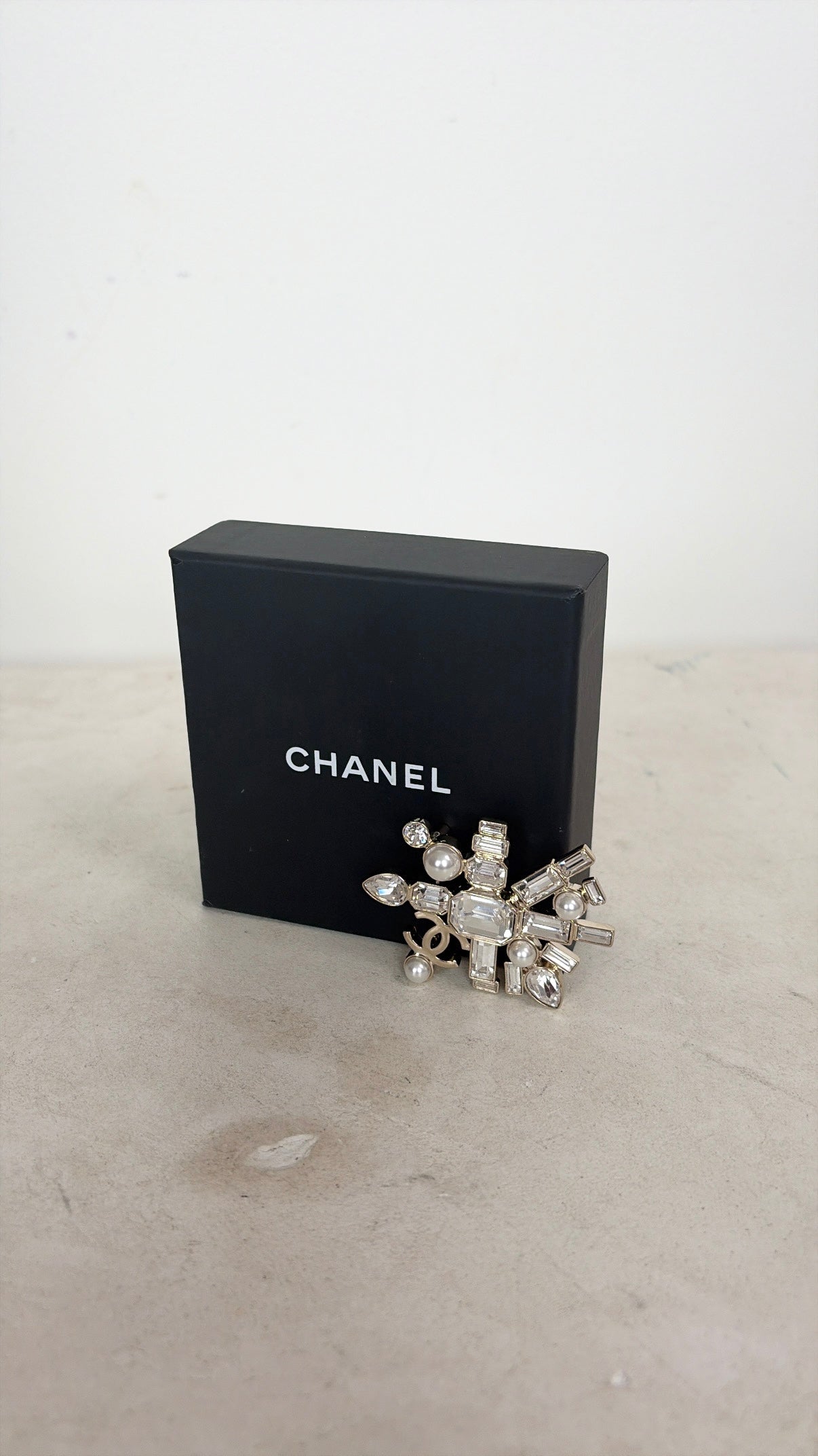 Chanel Champagne Crystal Logo Brooch