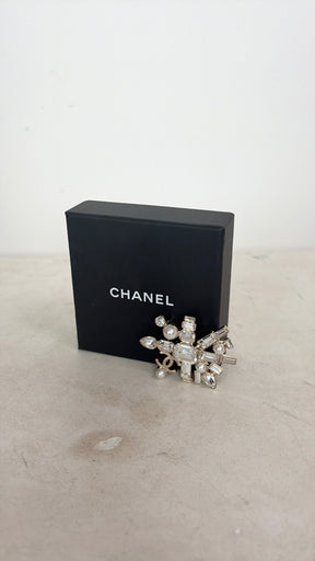 Chanel Champagne Crystal Logo Brooch