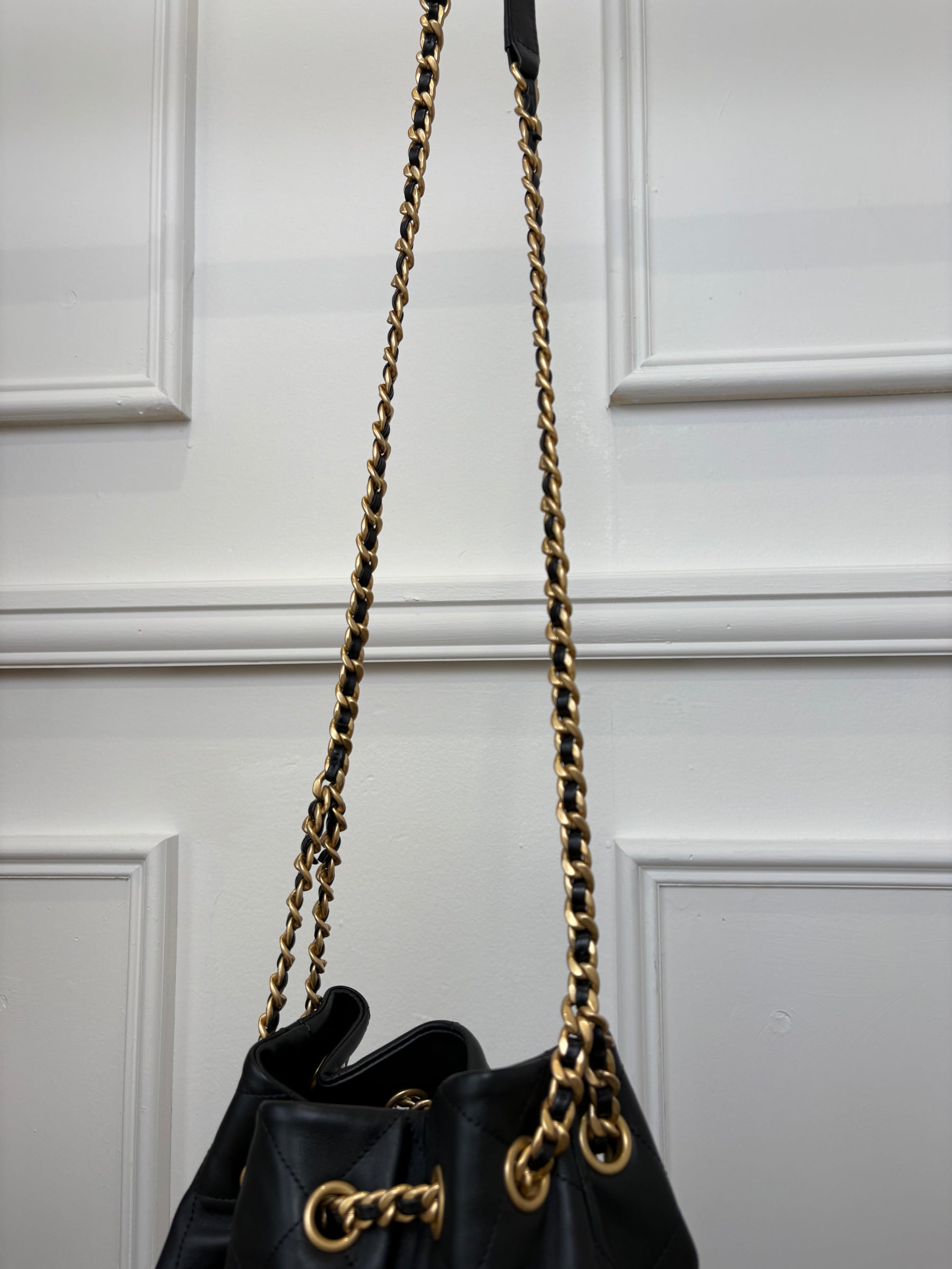 Chanel Black Lambskin Leather Charm Bucket Bag