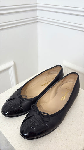 Chanel Black Leather Patent Cap Ballet Flat, 39 C