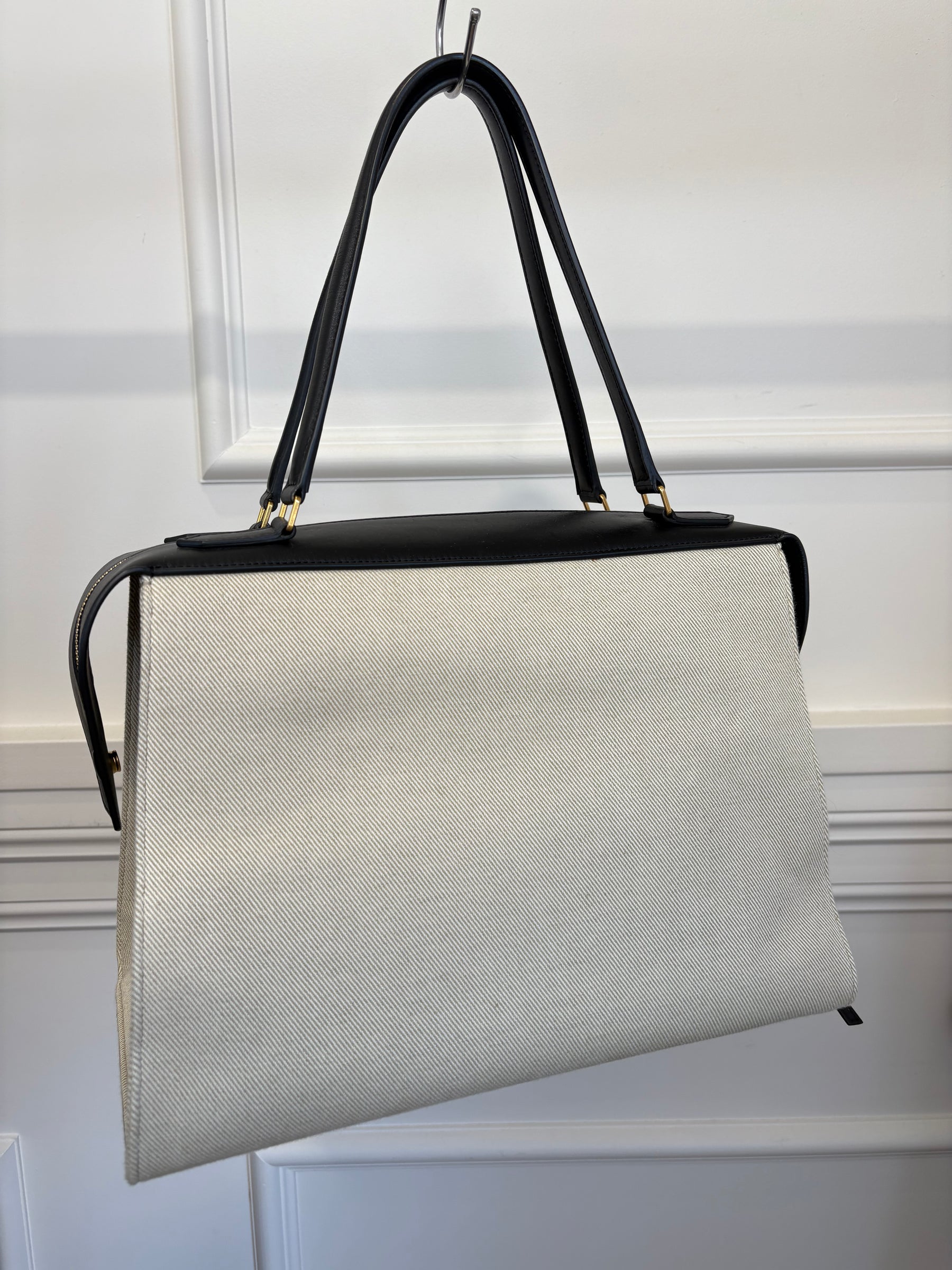 Celine Natural and Black Leather Ring Top Handle Bag