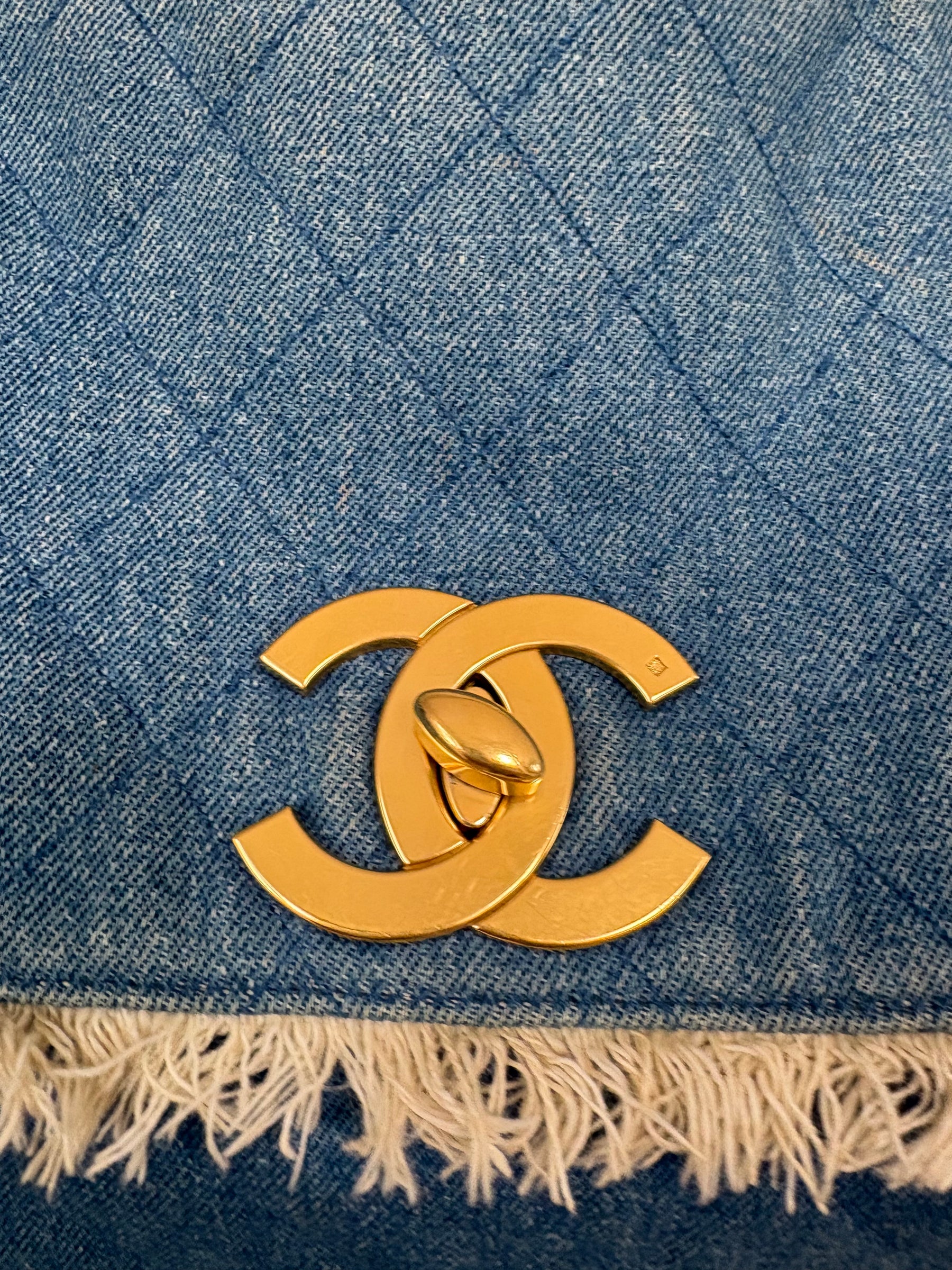 Chanel Blue Denim Cream Fringed Bag