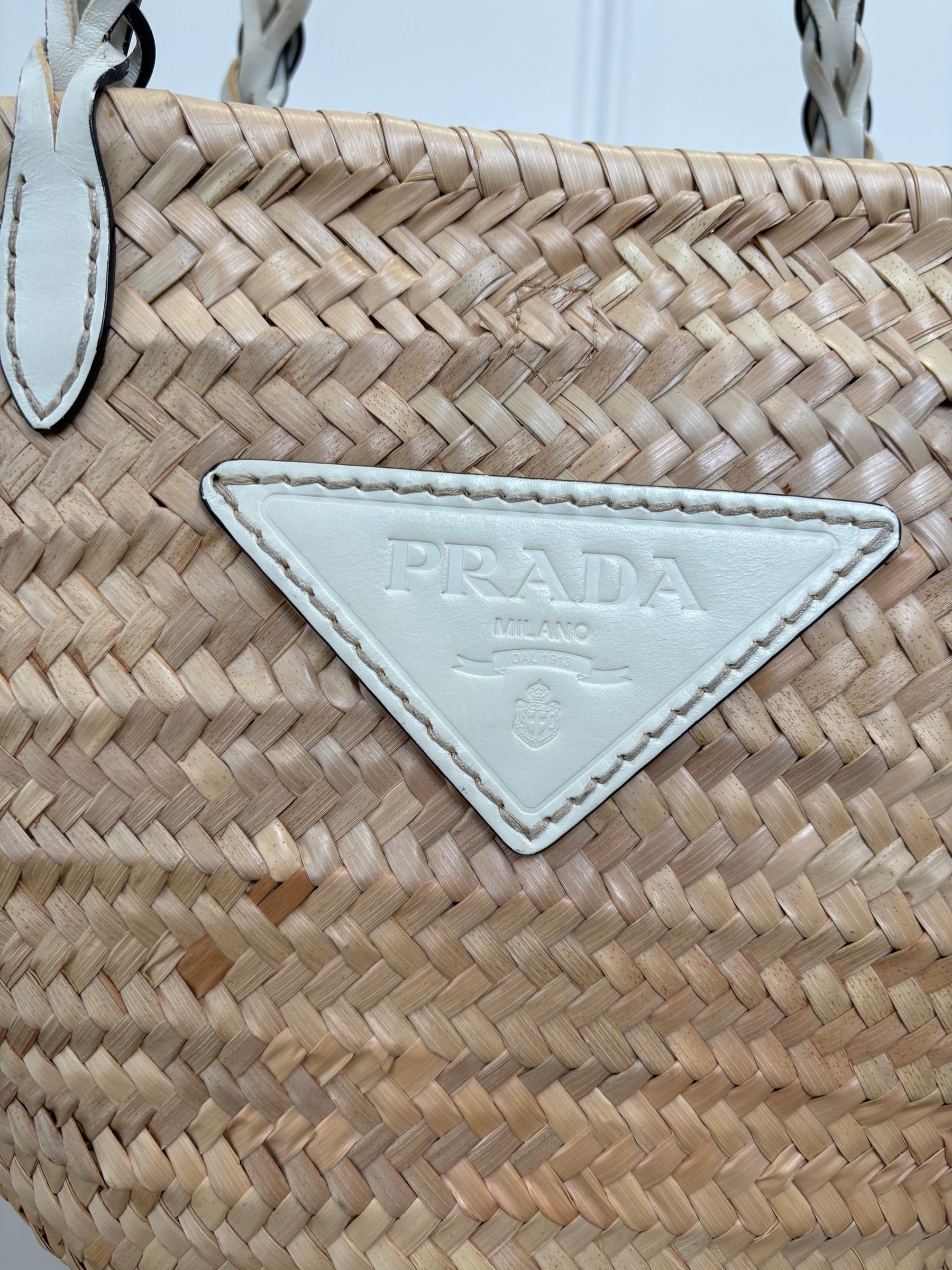 Prada Raffia and White Leather Logo Basket Tote