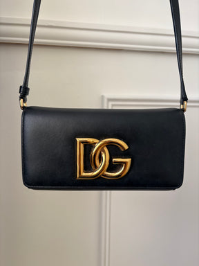 Dolce & Gabbana Black Leather Gold Logo Crossbody Bag