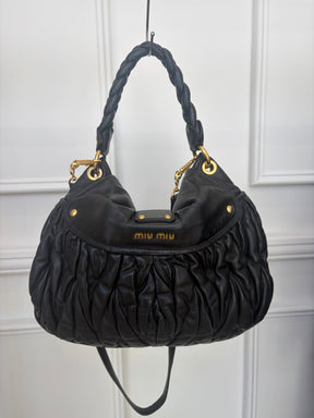 Miu Miu Black Leather Matelasse Coffer Hobo Bag