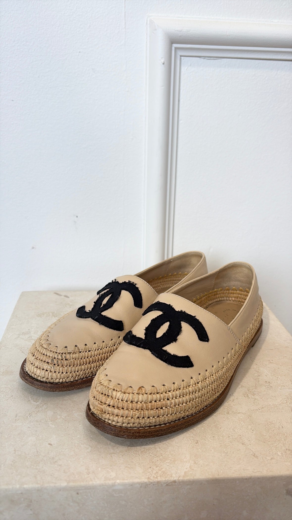 Chanel Beige Leather and Raffia Logo Loafer, 37
