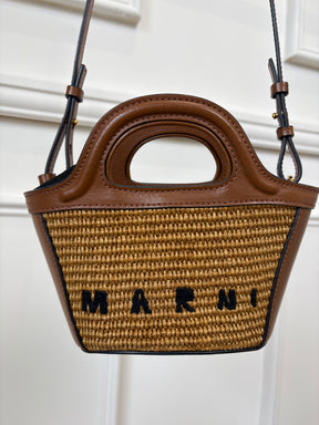 MARNI Brown Leather and Raffia Mini Logo Tote