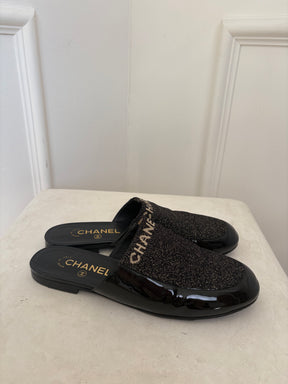 Chanel Black Patent and Knit Lurex Logo Mules, 39 C
