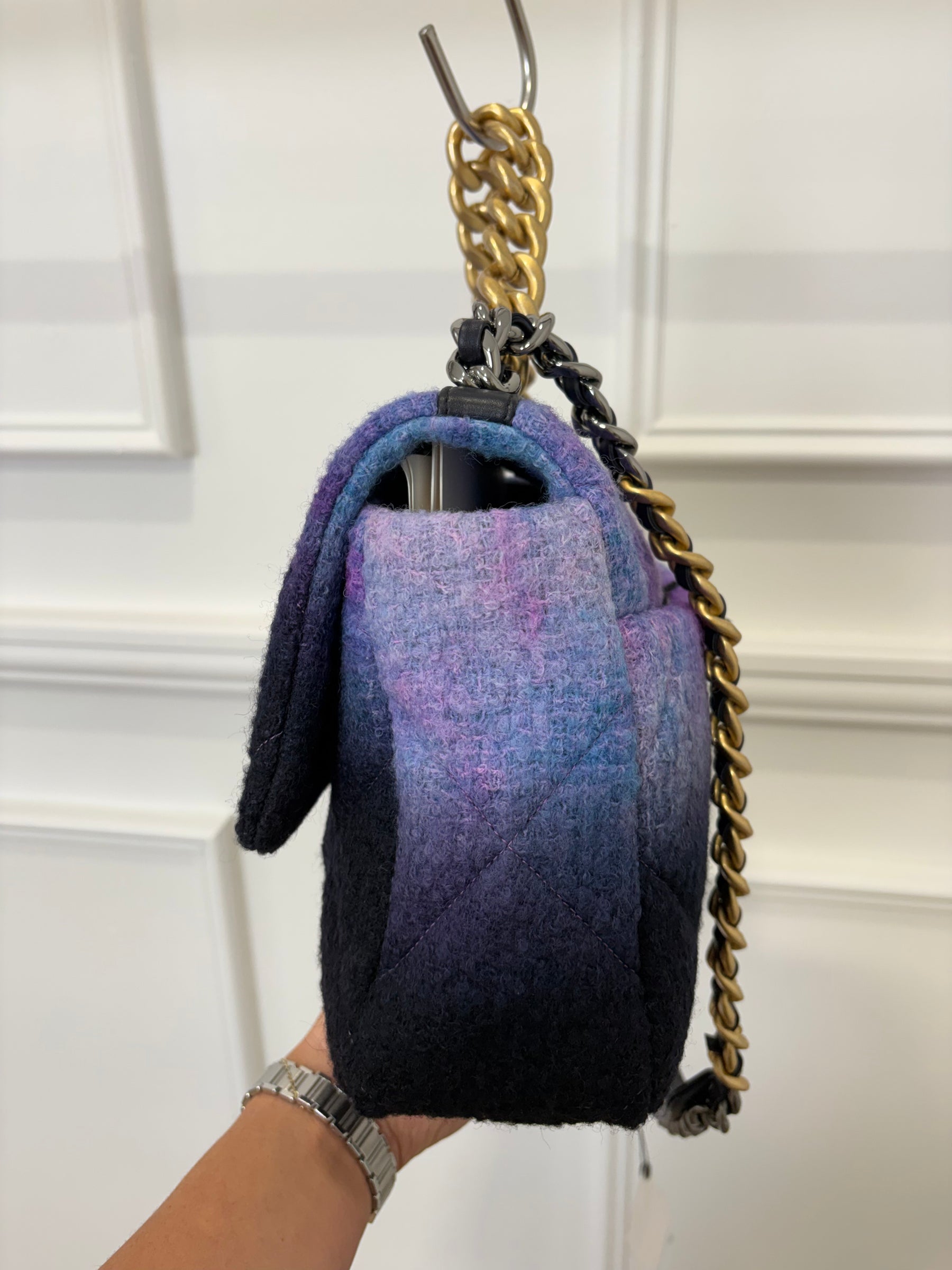 Chanel Flap Bag 19 In Boucle Black Blue Purple