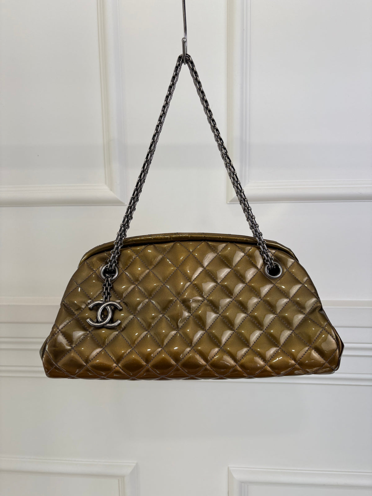 Chanel Khaki Bronze Patent Mademoiselle Bowling Bag