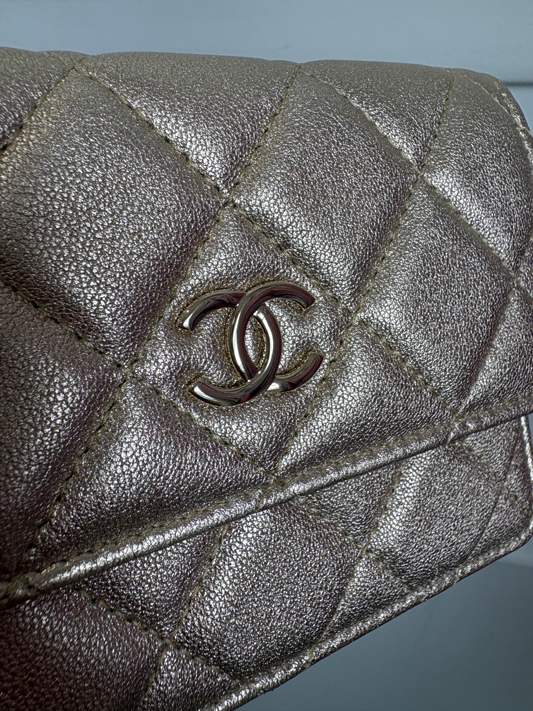 Chanel Gold Leather Camellia Strap Mini Card Holder on Chain