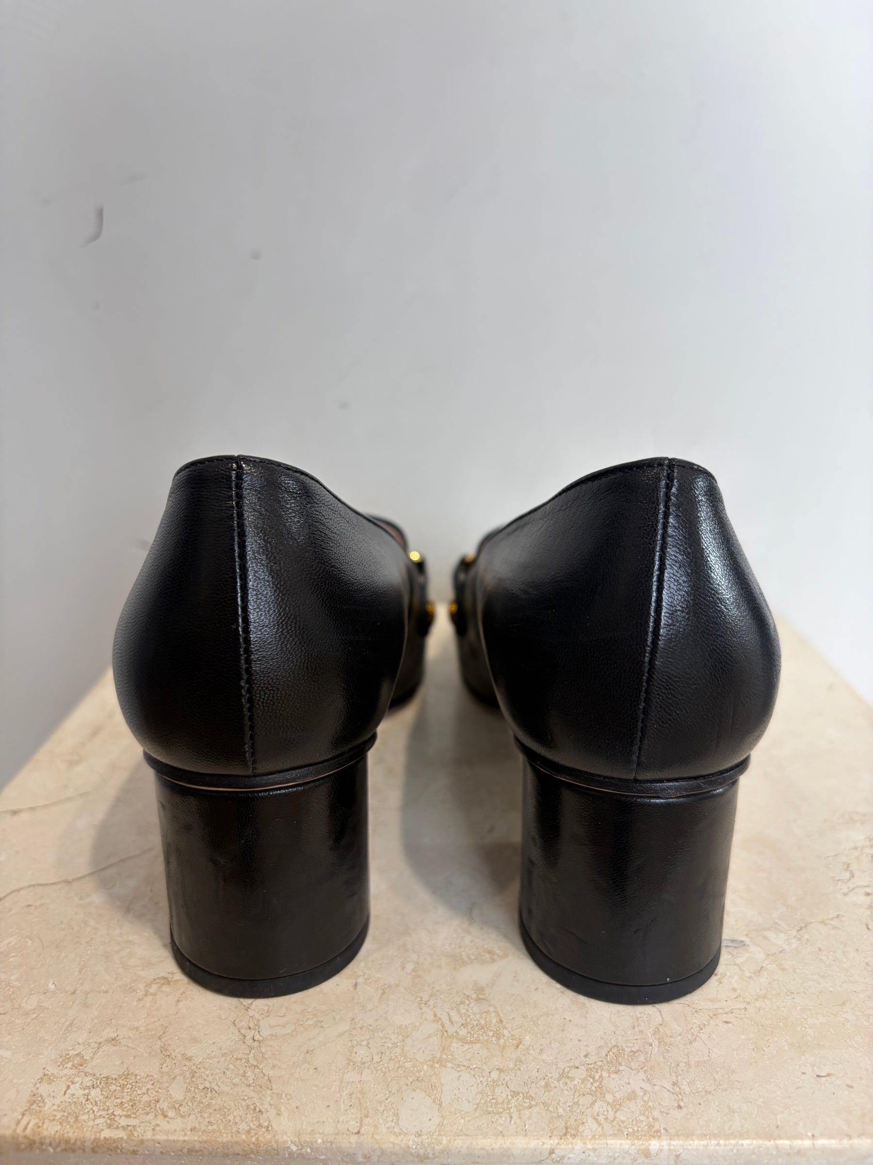Gucci Black Leather Gold Chain Heeled Loafer, 38