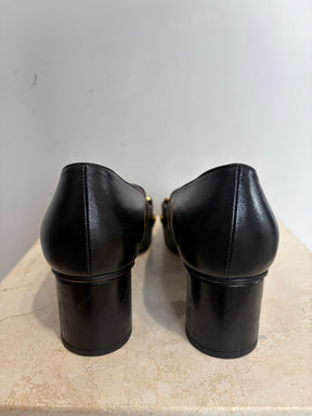 Gucci Black Leather Gold Chain Heeled Loafer, 38