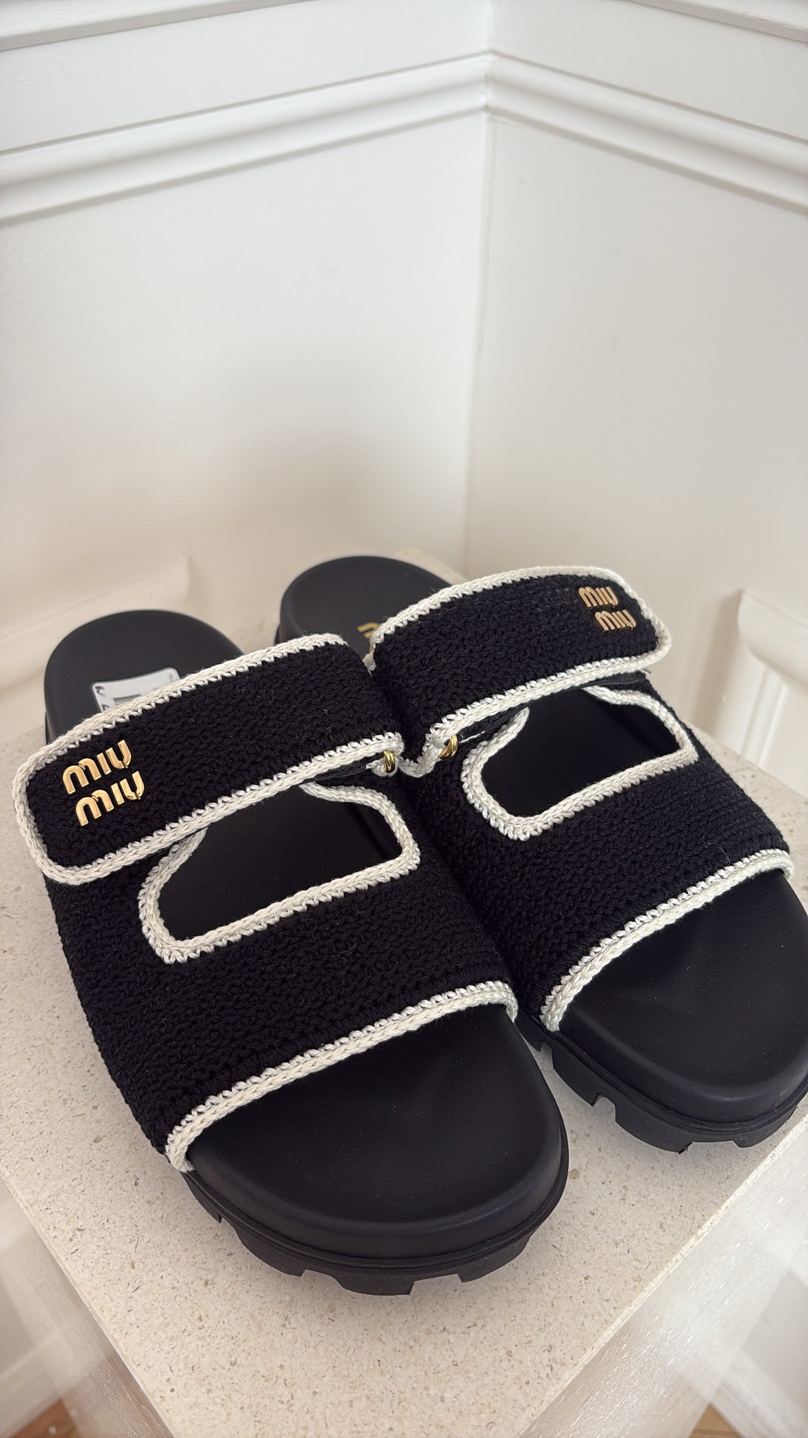 Miu Miu Black Crochet with White Knit Logo Slides, 40