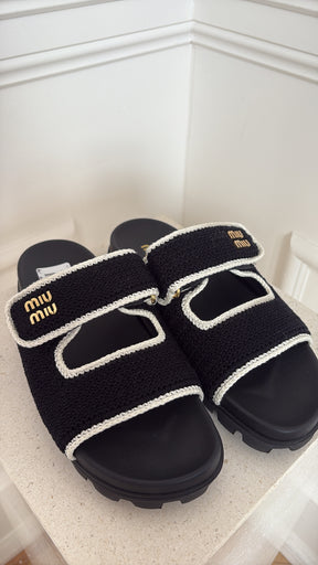 Miu Miu Black Crochet with White Knit Logo Slides, 40