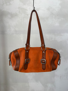 Prada Orange Suede and Brown Leather Bowling Bag