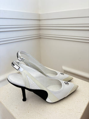 Louis Vuitton White Leather and Cream Patent Slingback Logo Pumps