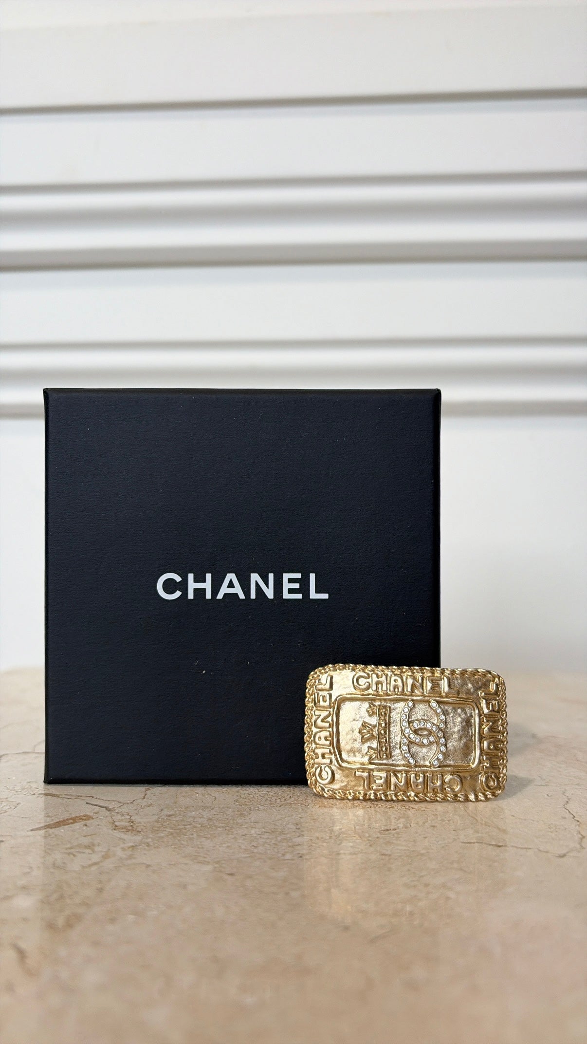 Chanel Gold Tone Logo Rectangular Brooch
