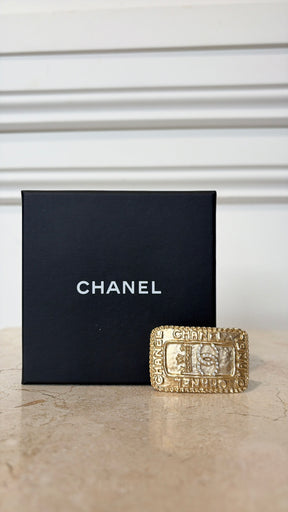 Chanel Gold Tone Logo Rectangular Brooch