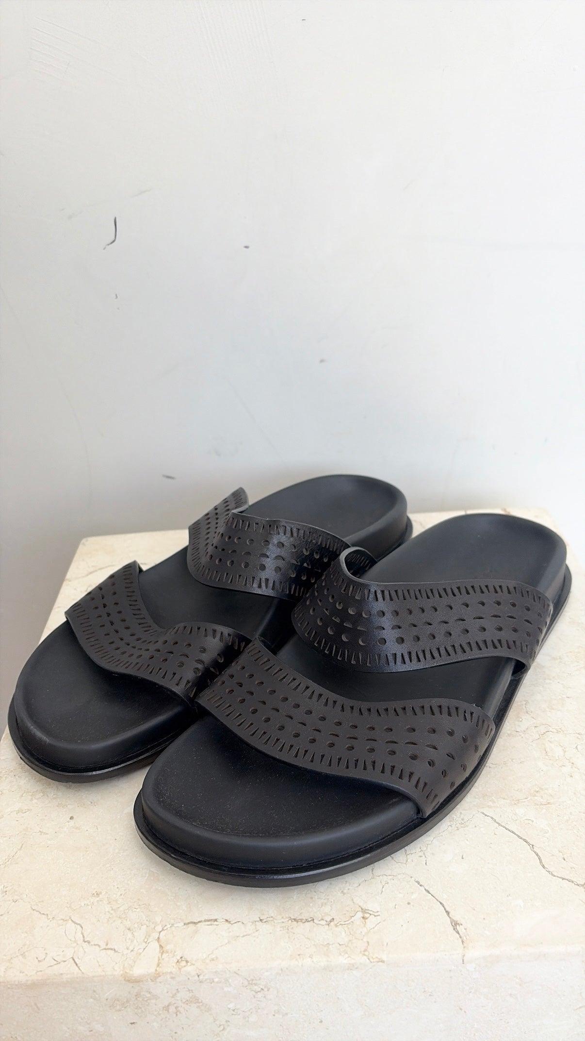 Alaia Black Laser Cut Slides, 40