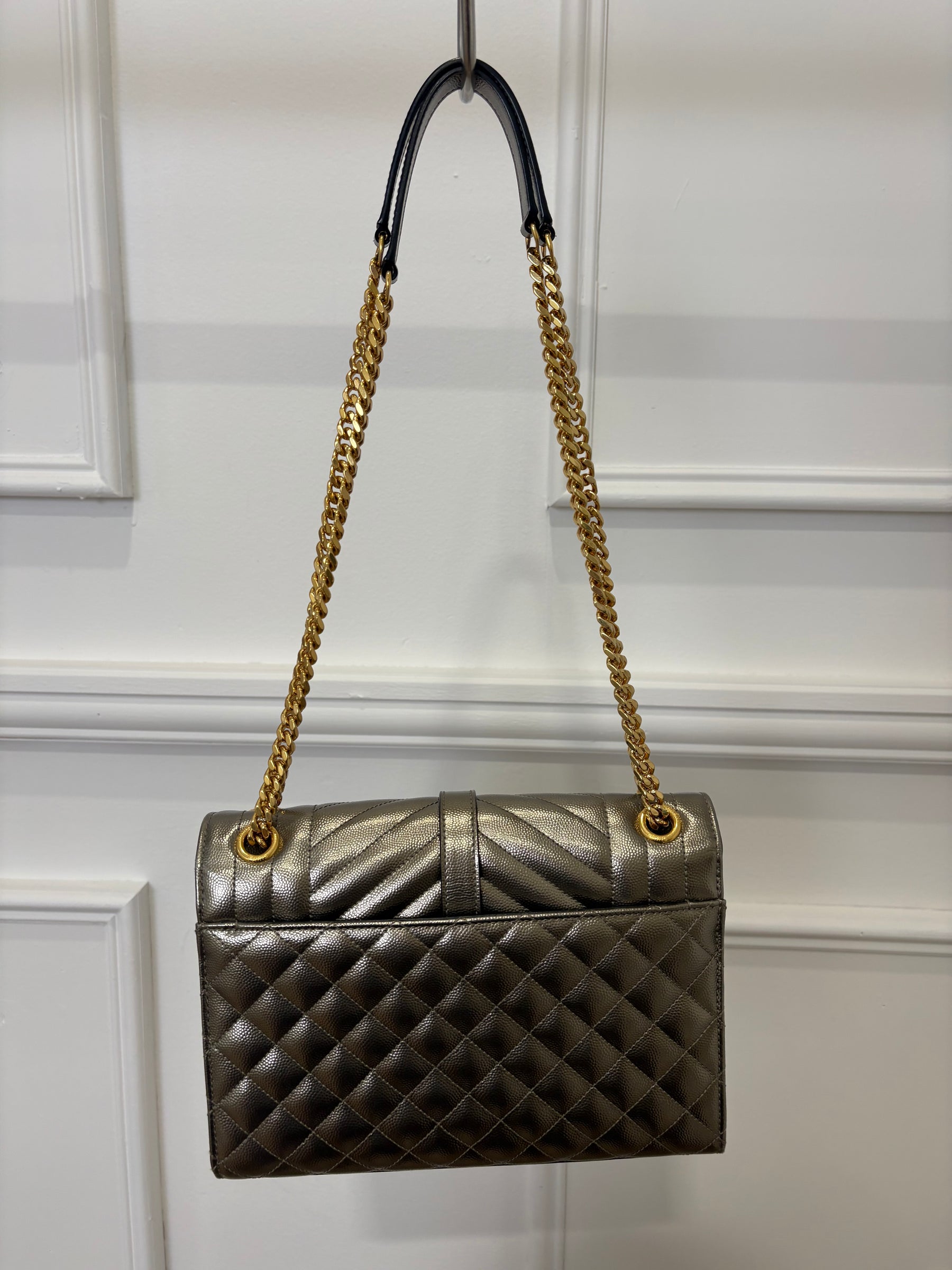 Saint Laurent Pewter Grained Leather Tri-QuiltEnvelope Bag