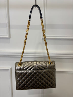 Saint Laurent Pewter Grained Leather Tri-QuiltEnvelope Bag