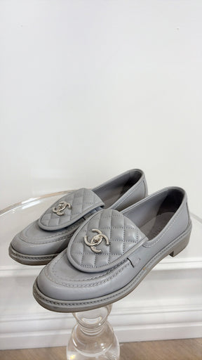 Chanel Grey leather Turn Lock Loafers, 39.5 C