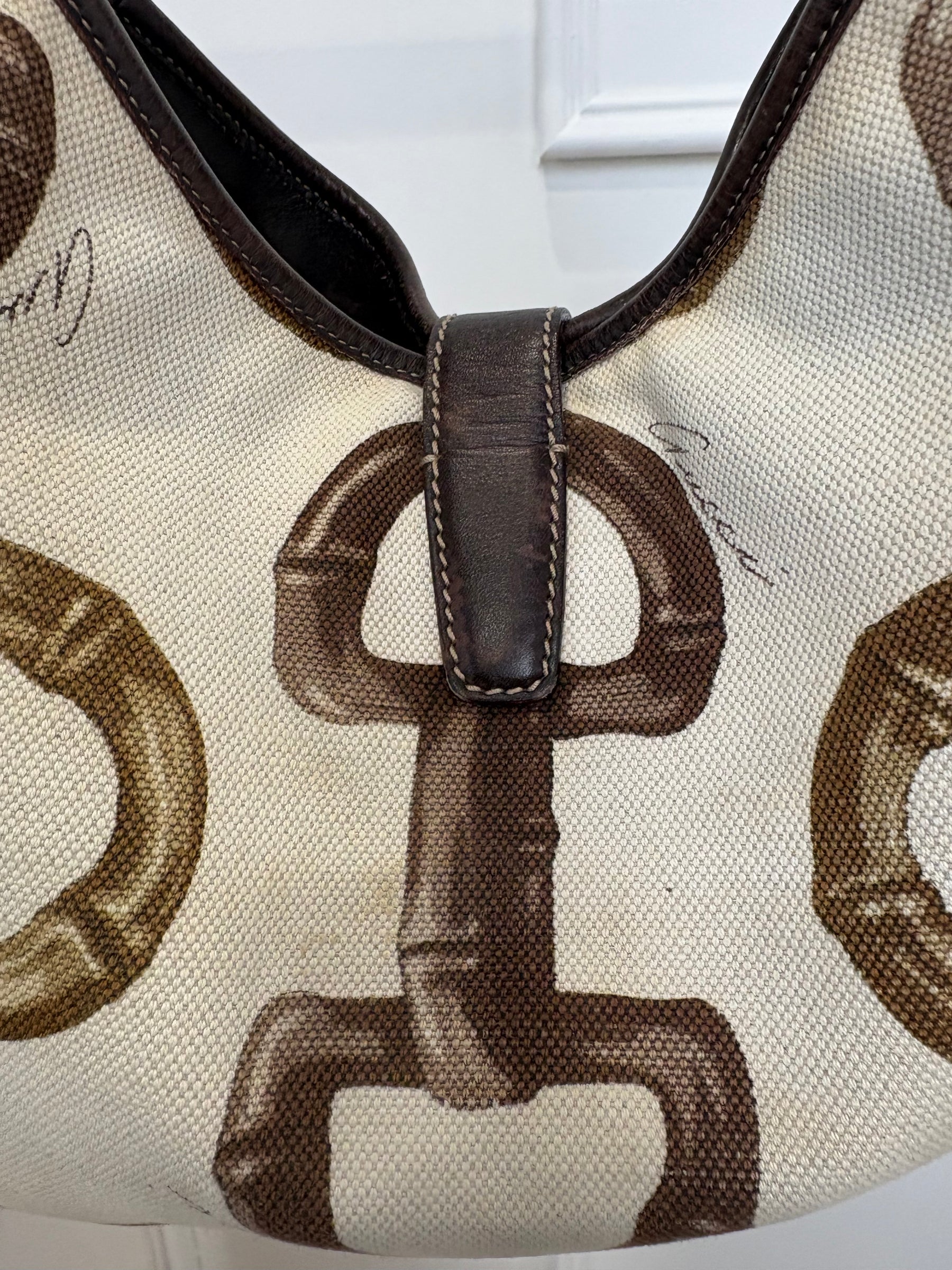Gucci Dark Brown Leather and Canvas Horsebit Print Jackie