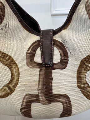 Gucci Dark Brown Leather and Canvas Horsebit Print Jackie