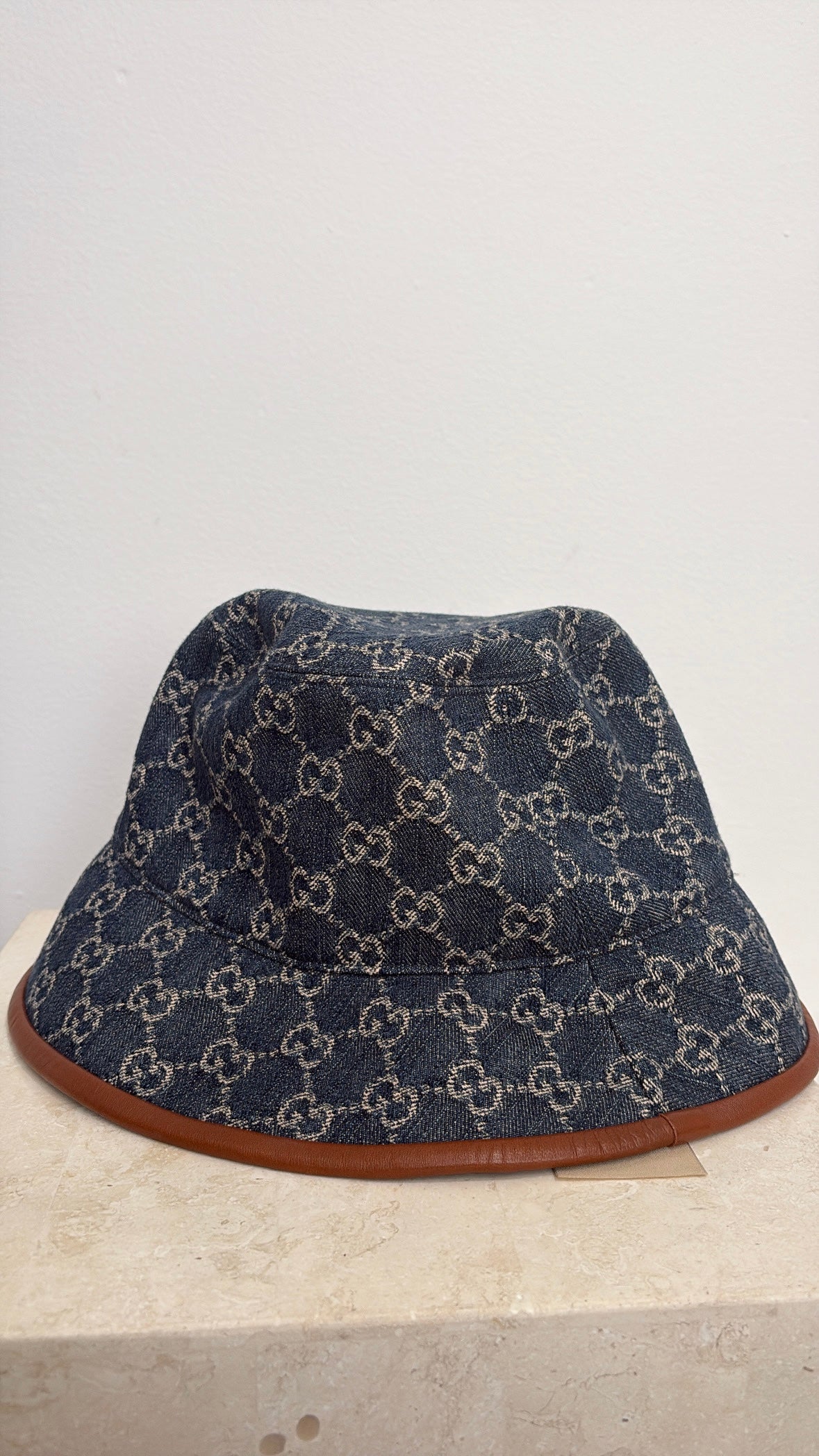 Gucci Indigo Monogram Denim Bucket Hat with Tan Leather Trim, 58
