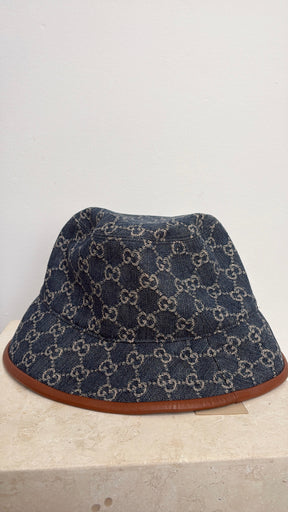Gucci Indigo Monogram Denim Bucket Hat with Tan Leather Trim, 58