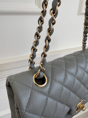 Chanel Small Grey Caviar Leather Flap Bag With Gold Tone Hardware