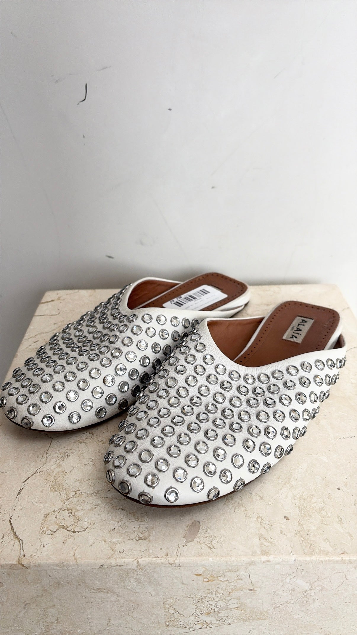 Alaïa White Leather Crystal Slides, 39