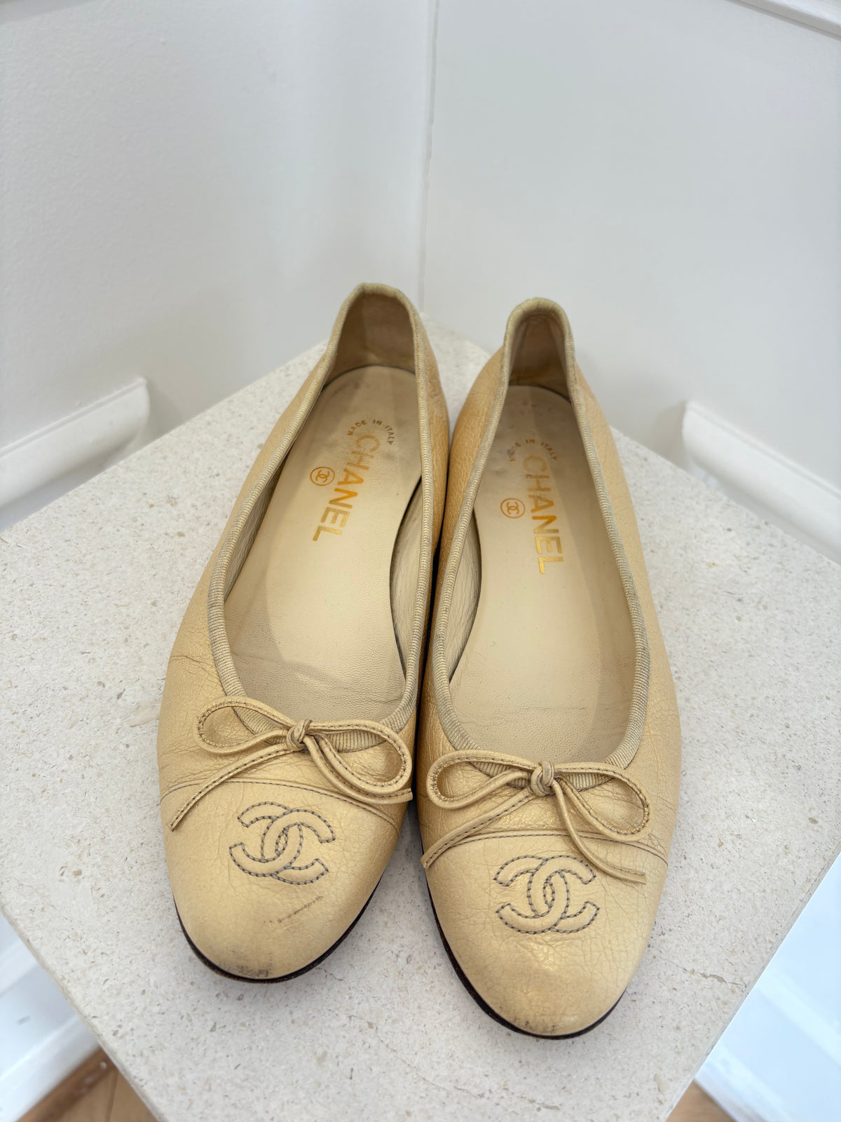 Chanel Gold Crinkled Leather Ballet Flats, 37.5C