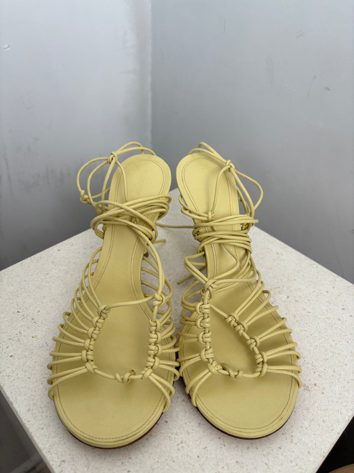 Bottega Veneta Butter Strappy Lace Up Heels, 37.5