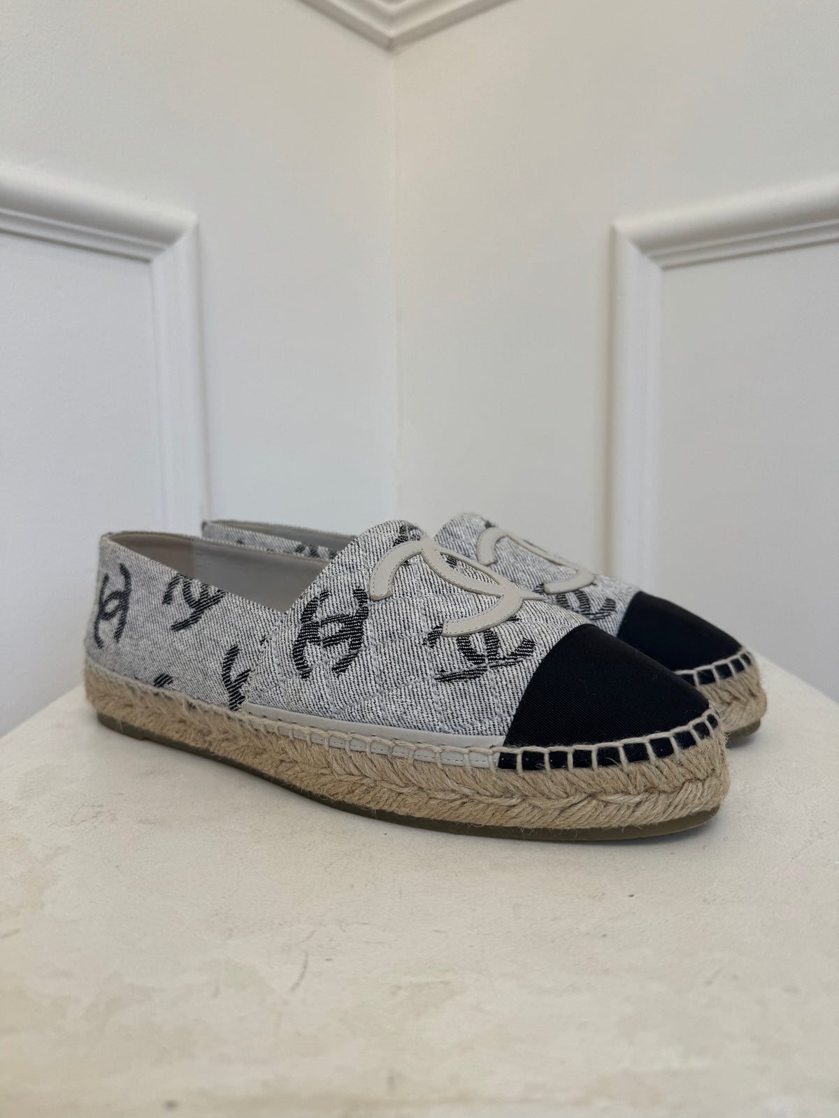 Chanel Grey and Black Canvas Logo Espadrilles, 40
