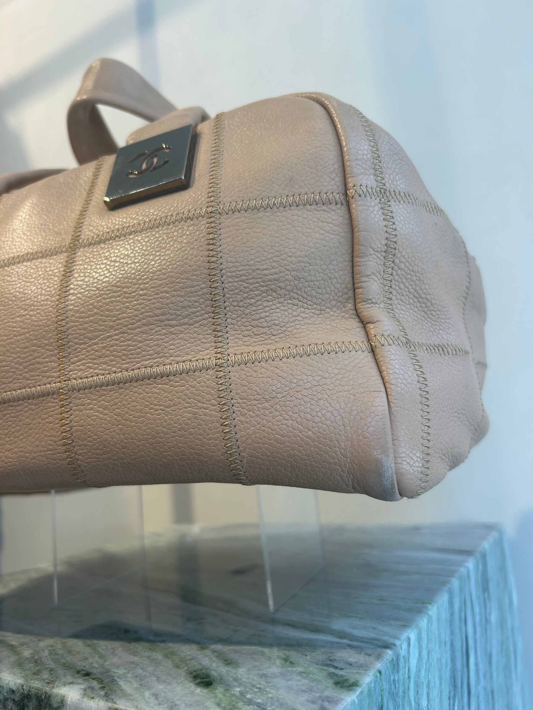 Chanel Beige Leather Logo Handle Bowling Bag
