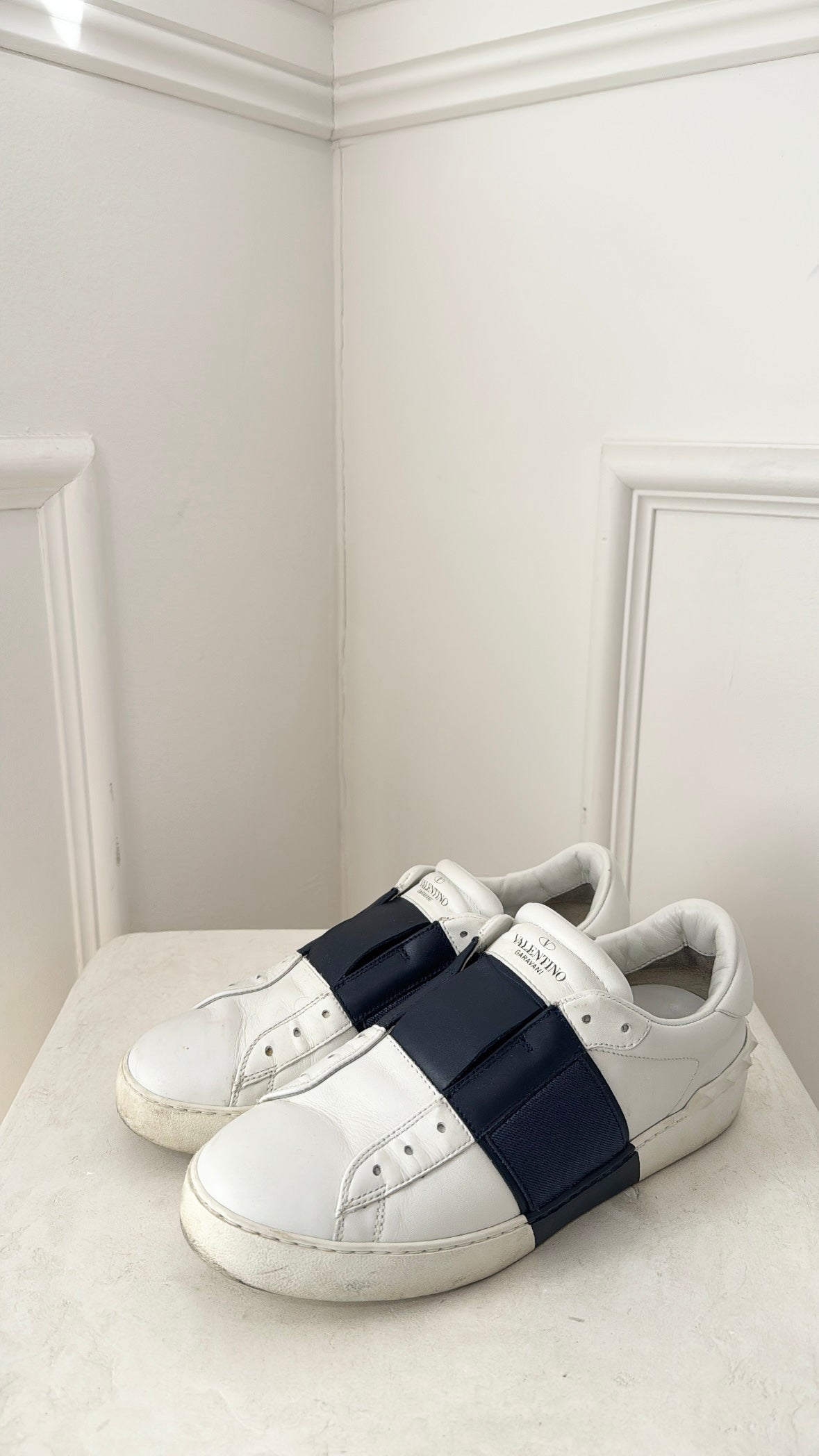Valentino Garavani White and Navy Leather Sneakers, 39