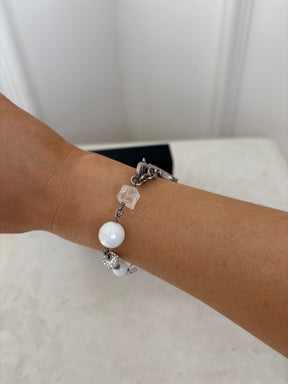 Chanel White and Silver Beaded Logo Bracelet