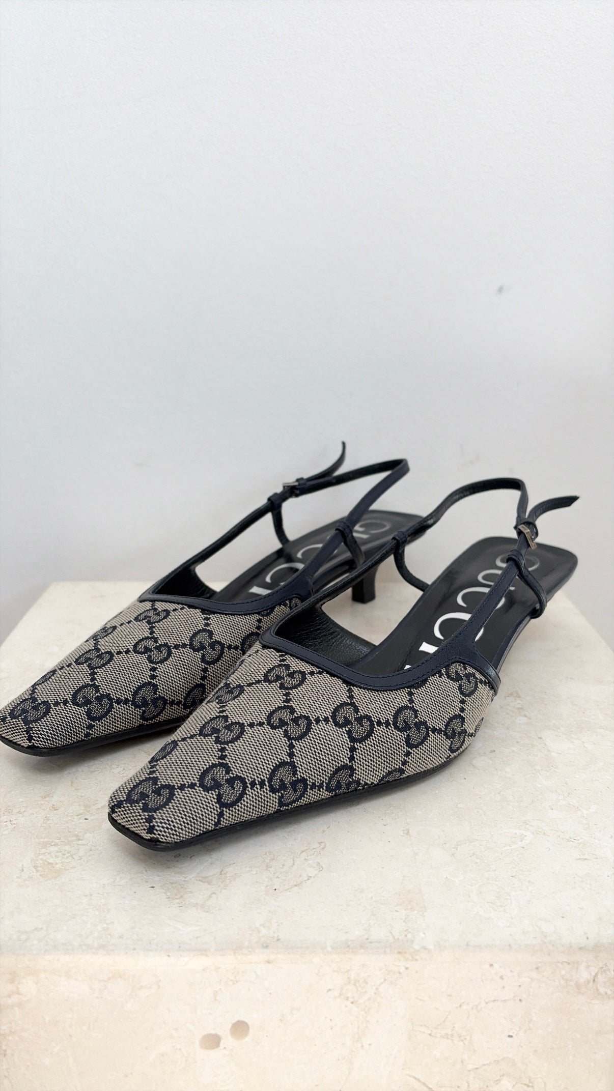Gucci Navy and Beige Monogram Slingbacks, 38