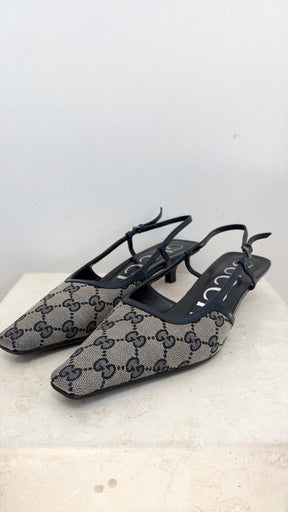 Gucci Navy and Beige Monogram Slingbacks, 38