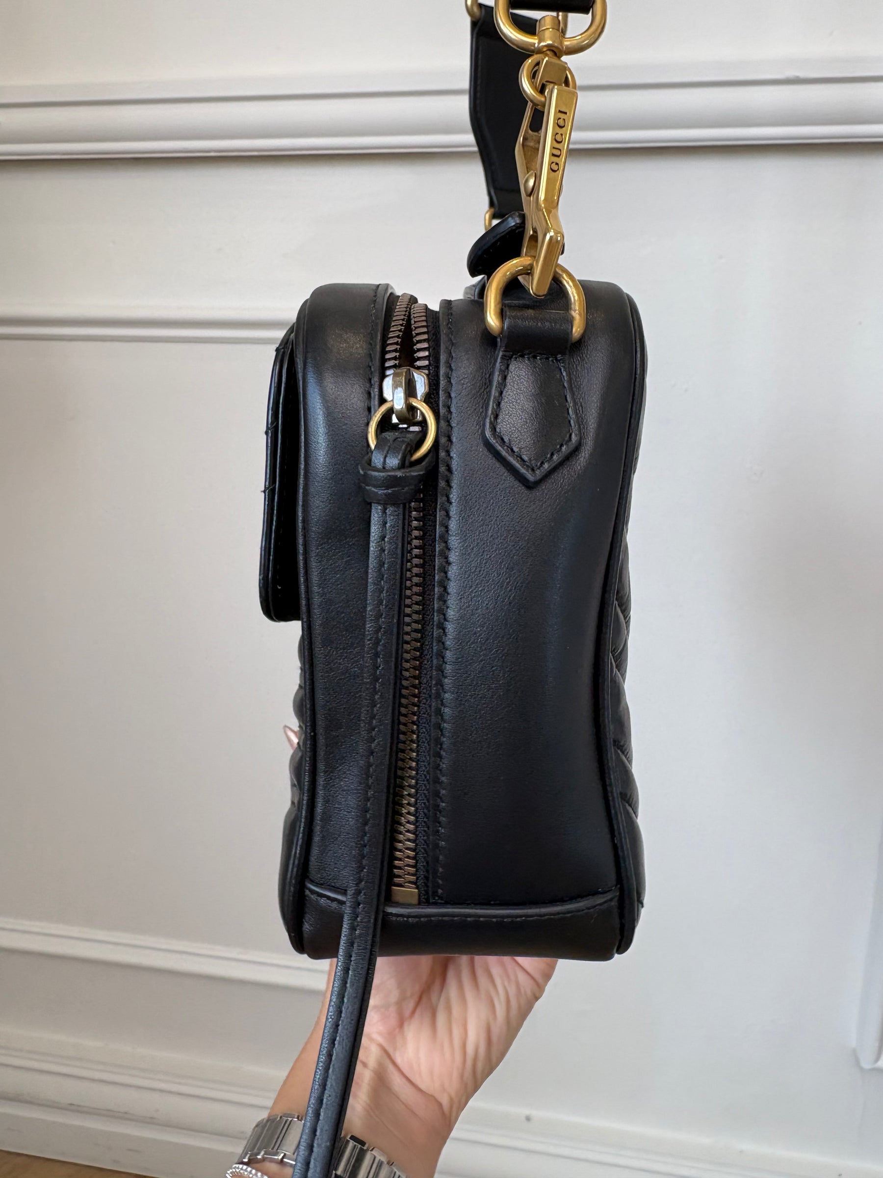 Gucci Black Chevron Leather Marmont Top Handle Satchel Bag