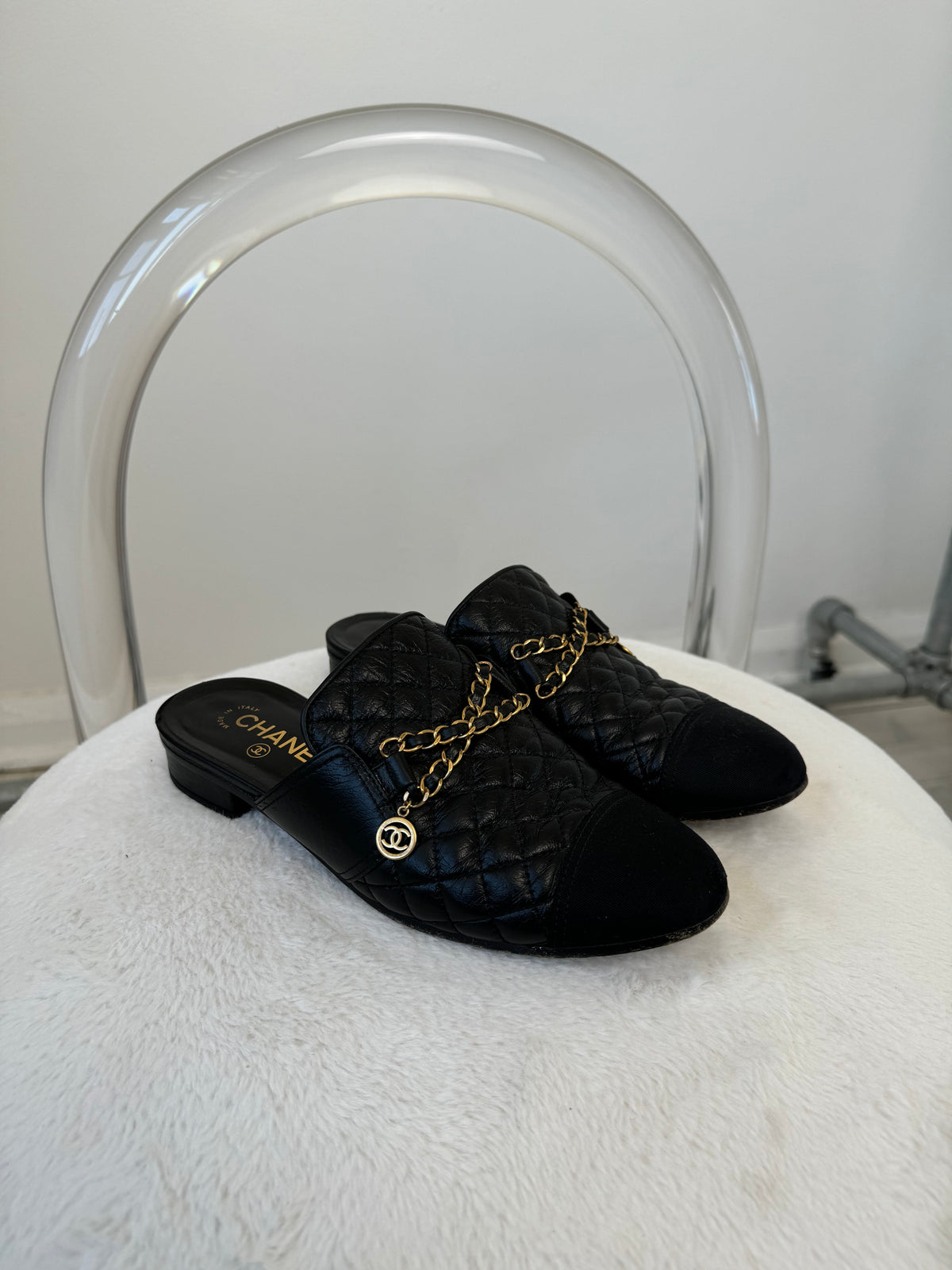 Chanel Black Quilted Leather Chain Details Backless Loafer, 39C