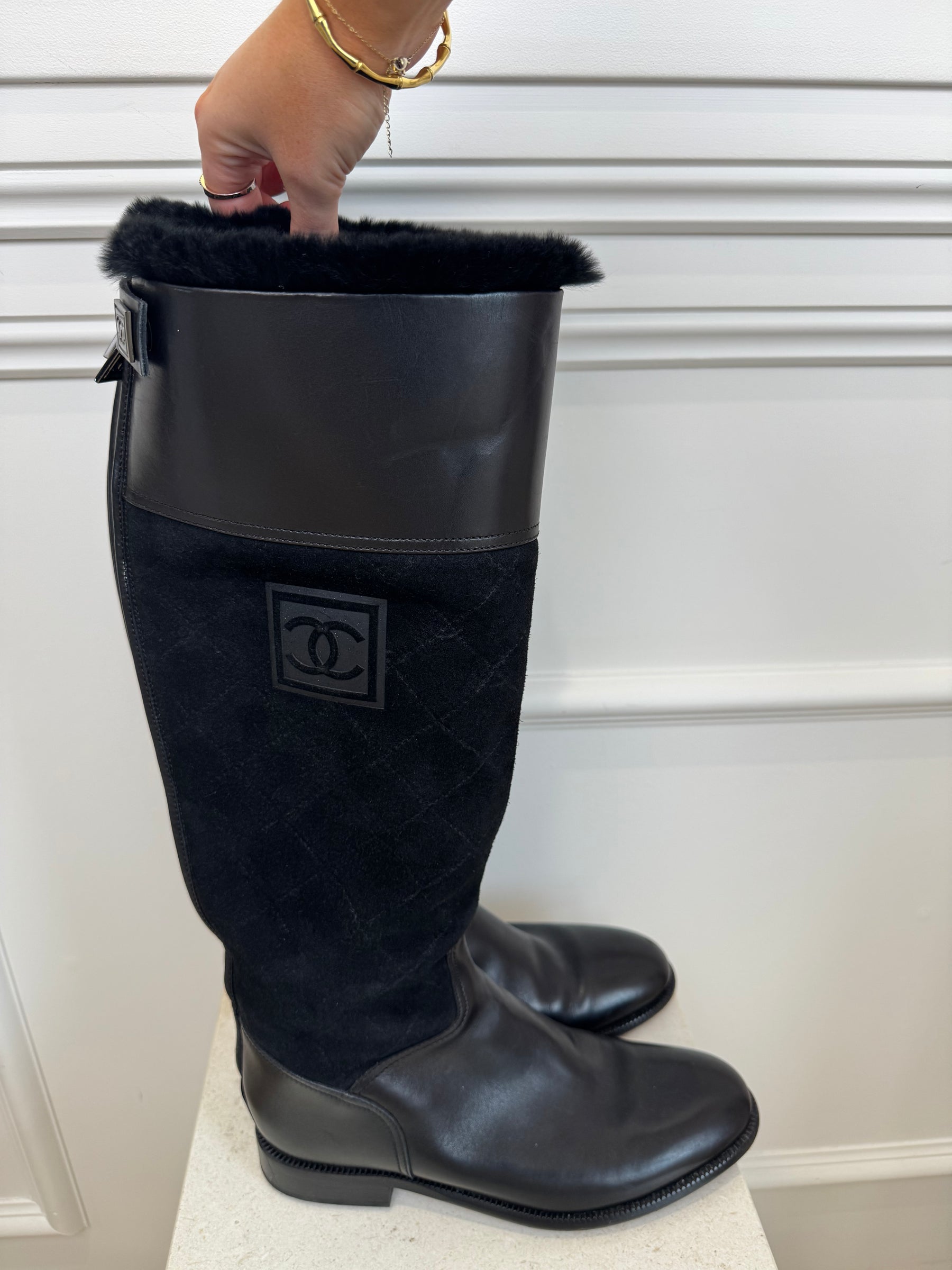 Chanel Black Leather and Suede Knee High Boots, 41