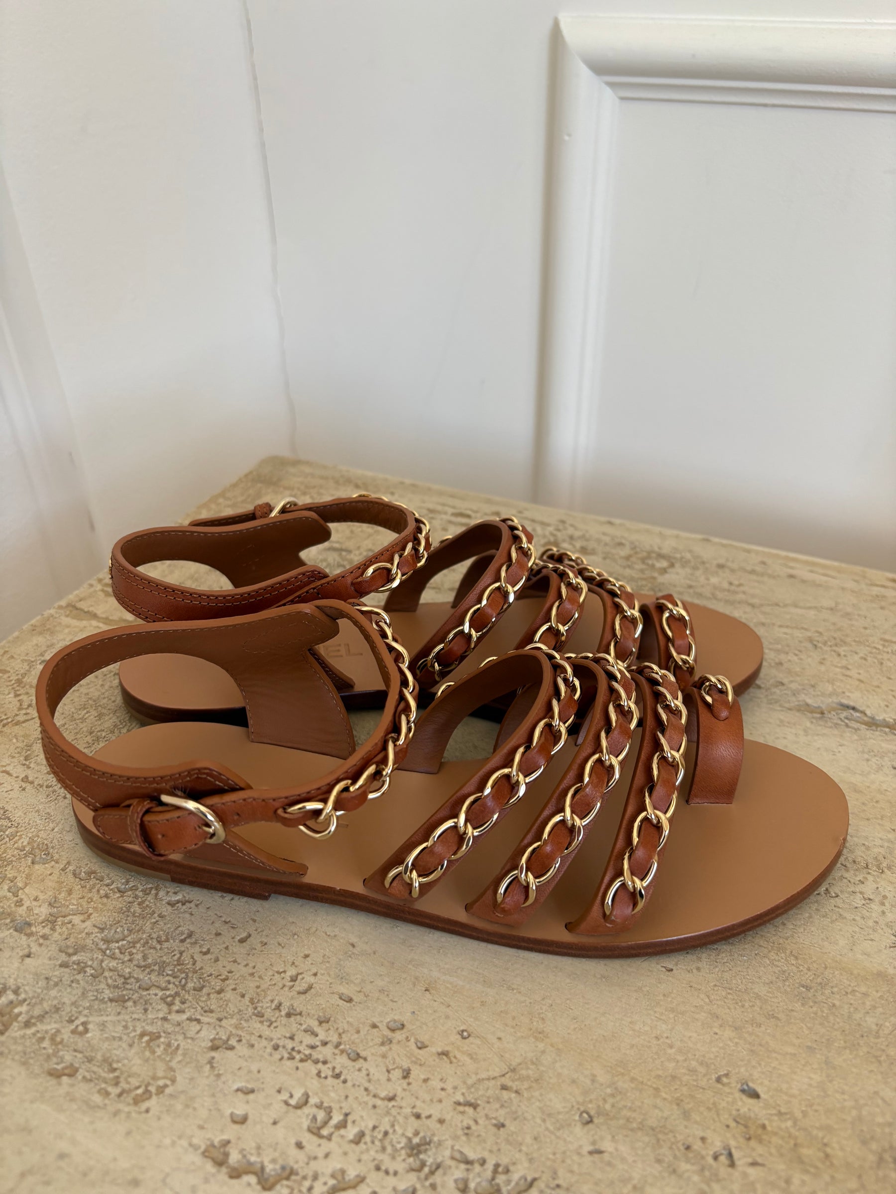 Chanel Tan leather and Gold Chain Sandals, 40C