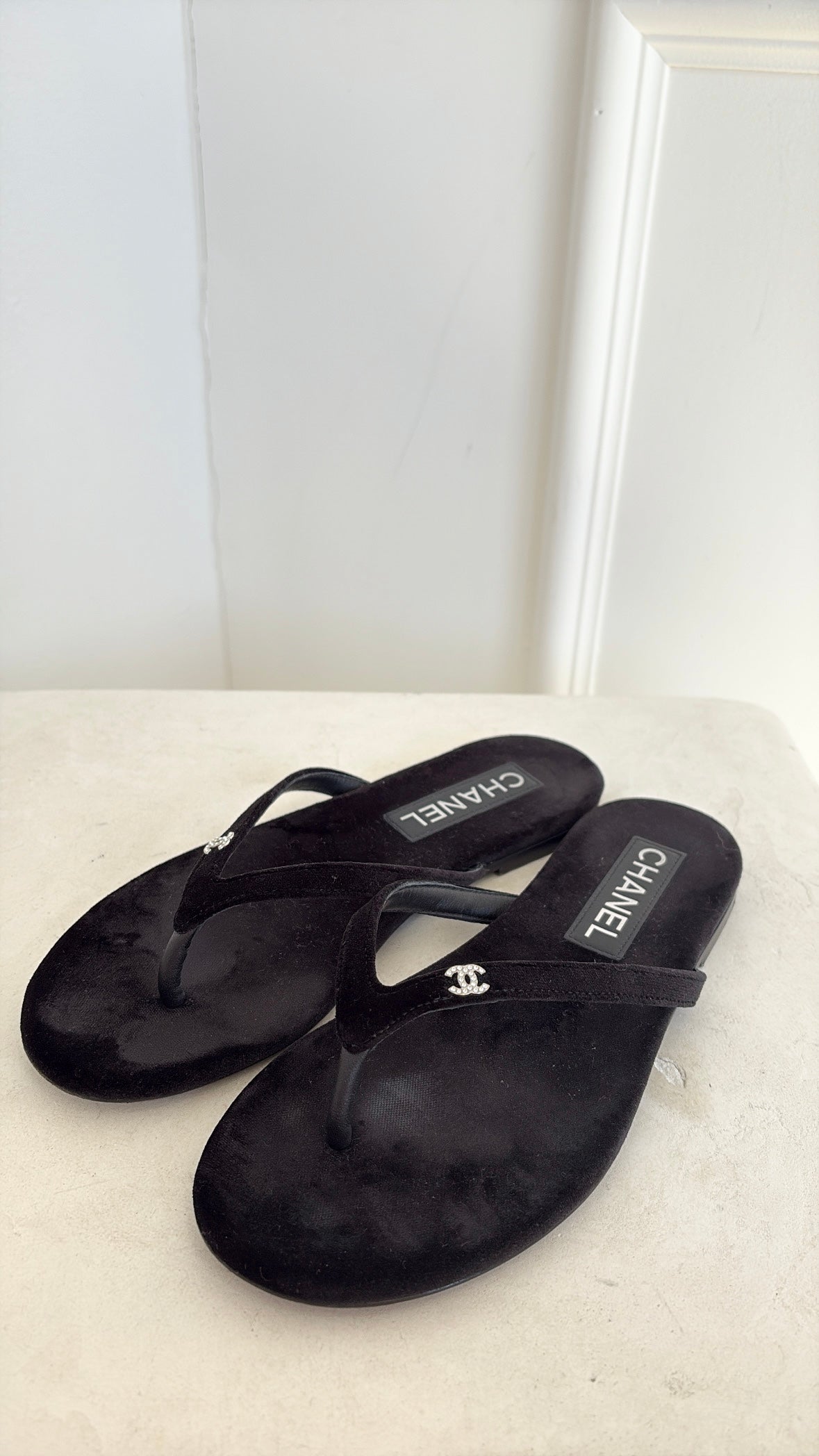 Chanel Black Velvet Crystal Logo Thong, 37 C