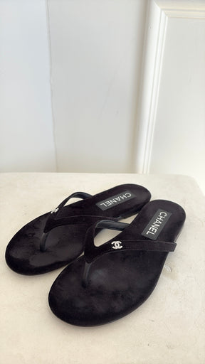Chanel Black Velvet Crystal Logo Thong, 37 C