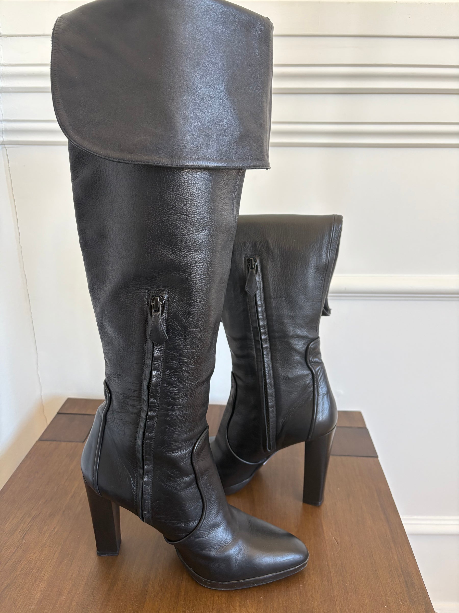 Hermès Black Leather Platform Knee High Boots, 40